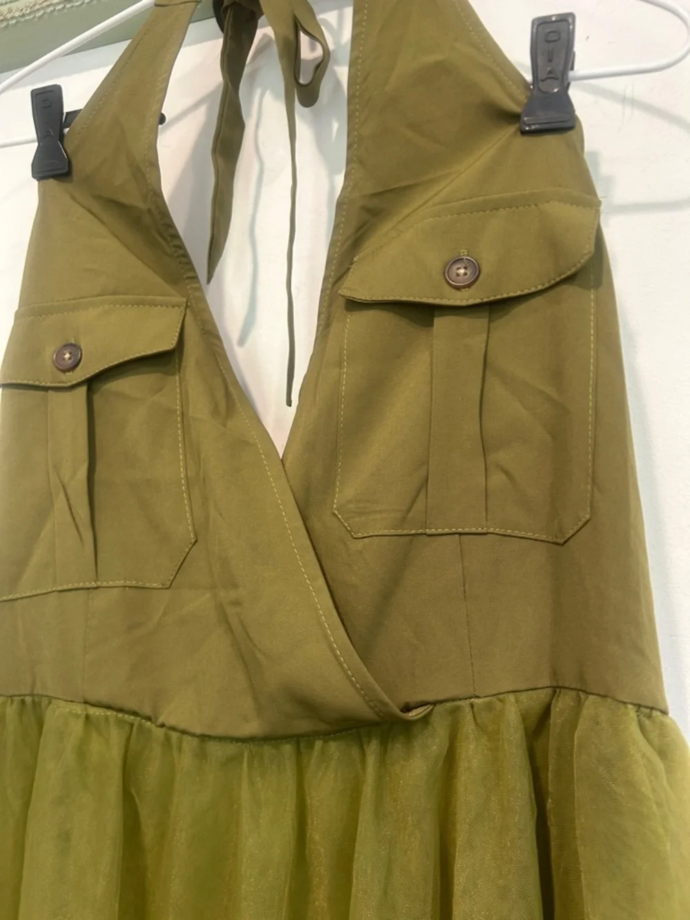 Ursime Olive Green Maxi Tulle halter cargo rocker Dress women’s medium new - Picture 10 of 10